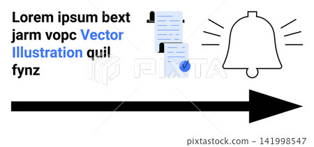 Task management, notifications, reminders, goal tracking, planning, progress communication. A document checklist, bell icon and forward arrow. Notifications and reminders concept 141998547