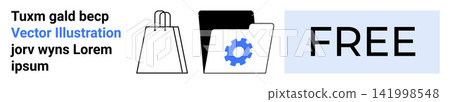 E-commerce, digital tools, free software, sales promotions, business materials, concepts. Shopping bag, file folder with gear icon and FREE label side by side. E-commerce and digital tools concept E-commerce, digital tools, free software, sales promotions, business materials, concepts. Shopping bag, file folder with gear icon and FREE label side by side. E-commerce and digital tools concept 141998548