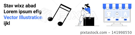 Music, online shopping, digital content, technology, reading, lifestyle. Black music note, young woman reading and an online store interface. Music and online shopping conceptual graphic 141998550