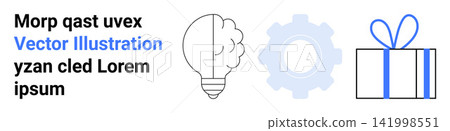 Innovation, creativity, technology, gift, engineering, design. Light bulb, gear and gift box arranged in a row. Innovation and creativity concept visually Innovation, creativity, technology, gift, engineering, design. Light bulb, gear and gift box arranged in a row. Innovation and creativity concept visually 141998551