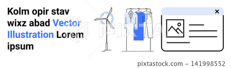 Sustainability, fashion industry, online identity, renewable energy, environmental awareness, digital profiles. A wind turbine, clothing rack and profile card display. Sustainability and fashion Sustainability, fashion industry, online identity, renewable energy, environmental awareness, digital profiles. A wind turbine, clothing rack and profile card display. Sustainability and fashion 141998552