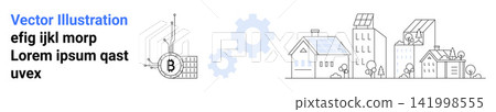 Renewable energy, urban planning, green energy, sustainability, modern housing, clean tech. Line art of buildings with solar panels and technical elements. Renewable energy and urban planning concept Renewable energy, urban planning, green energy, sustainability, modern housing, clean tech. Line art of buildings with solar panels and technical elements. Renewable energy and urban planning concept 141998555