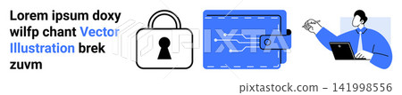Online security, payment protection, digital wallets, financial transactions, cybersecurity, technical support. Lock symbol, digital wallet person with laptop. Online security and payment protection Online security, payment protection, digital wallets, financial transactions, cybersecurity, technical support. Lock symbol, digital wallet person with laptop. Online security and payment protection 141998556