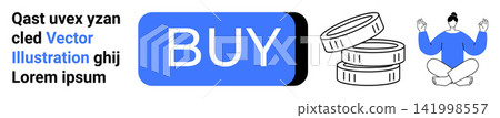 Online shopping, e-commerce, financial management, business strategy, mindfulness, and savings. Blue Buy button, coins and meditating person. E-commerce and financial management concept Online shopping, e-commerce, financial management, business strategy, mindfulness, and savings. Blue Buy button, coins and meditating person. E-commerce and financial management concept 141998557