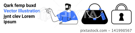 Consumer safety, retail security, data protection, shopping, theft prevention, digital security. A man points beside a handbag with a tag and a lock icon. Retail security and consumer safety concept Consumer safety, retail security, data protection, shopping, theft prevention, digital security. A man points beside a handbag with a tag and a lock icon. Retail security and consumer safety concept 141998567