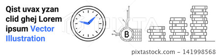 Cryptocurrency, financial services, investment, technology, blockchain, time tracking. a clock, blockchain mechanism bitcoin symbol and stacked coins. Cryptocurrency and financial services 141998568