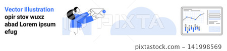 Email marketing, data security, business communication, cloud technology, analytics, workplace efficiency. Woman holding envelope, cloud backdrop data charts. Email marketing and data security 141998569