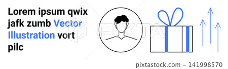 Business growth, customer rewards, user profiles, online shopping, celebration, marketing. Black-and-white profile avatar, gift box and upward arrows. Business growth and customer rewards concept Business growth, customer rewards, user profiles, online shopping, celebration, marketing. Black-and-white profile avatar, gift box and upward arrows. Business growth and customer rewards concept 141998570