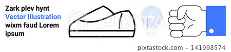 Branding, creativity, product design, technology concepts, innovation, casual wear. Line art shoe, lightbulb and hand symbol in contrasting black and blue. Branding and creativity 141998574