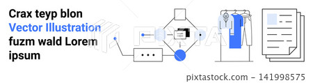 Workflow automation, ecommerce, organization, digital tools, inventory, documentation. Diagram showing a digital process node connecting icons of clothing and documents. Workflow automation 141998575