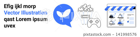 Communication, e-commerce, gaming, entertainment, nature conservation, digital media. A speech bubble with a leaf, popcorn gaming console and online storefront. Communication and e-commerce Communication, e-commerce, gaming, entertainment, nature conservation, digital media. A speech bubble with a leaf, popcorn gaming console and online storefront. Communication and e-commerce 141998576
