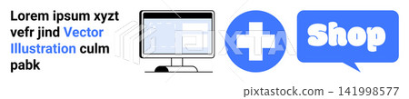 E-commerce, online shopping, digital tools, healthcare, communication, technology. Computer screen, medical cross shop symbol in a speech bubble. E-commerce and digital tools visualization 141998577