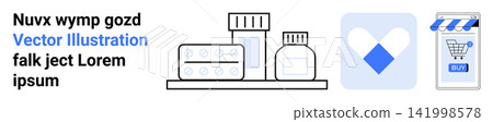 E-commerce, pharmaceutical services, online medicine shopping, healthcare, medical supplies, and digital health solutions. Medicine containers and pharmacy icons. E-commerce and pharmaceutical E-commerce, pharmaceutical services, online medicine shopping, healthcare, medical supplies, and digital health solutions. Medicine containers and pharmacy icons. E-commerce and pharmaceutical 141998578