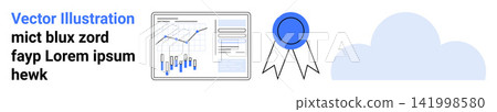 Data management, analytics, cloud computing, certification, digital storage, business tools. Graphs and stats on a screen, badge symbol and cloud icon. Data management and analytics concept Data management, analytics, cloud computing, certification, digital storage, business tools. Graphs and stats on a screen, badge symbol and cloud icon. Data management and analytics concept 141998580