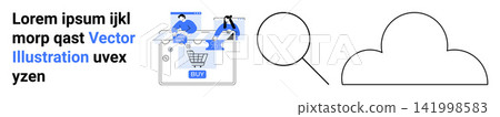 Online commerce, cloud storage, data analytics, digital search, e-commerce, technology trends. Shopping cart, magnifying glass cloud shape. Online commerce and cloud storage concept Online commerce, cloud storage, data analytics, digital search, e-commerce, technology trends. Shopping cart, magnifying glass cloud shape. Online commerce and cloud storage concept 141998583