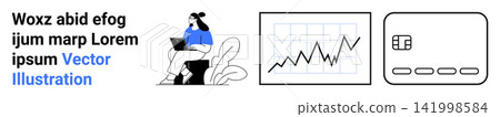 Business analysis, financial tracking, online payments, data visualization, credit card transactions, e-commerce insights. Professional woman with laptop, line graph and a credit card icon. Business Business analysis, financial tracking, online payments, data visualization, credit card transactions, e-commerce insights. Professional woman with laptop, line graph and a credit card icon. Business 141998584