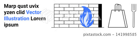 Fire safety, cooking concepts, consumer shopping, environmental impact, infrastructure design, culinary equipment. Blue flame next to a brick wall with shopping bag and fork. Fire safety and cooking Fire safety, cooking concepts, consumer shopping, environmental impact, infrastructure design, culinary equipment. Blue flame next to a brick wall with shopping bag and fork. Fire safety and cooking 141998585