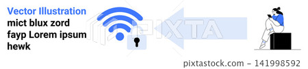 Digital security, remote work, wireless protection, secure browsing, online privacy, technology connectivity. wireless symbol and lock icon pointing to a woman using a device. Digital security Digital security, remote work, wireless protection, secure browsing, online privacy, technology connectivity. wireless symbol and lock icon pointing to a woman using a device. Digital security 141998592