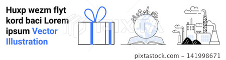 Sustainability, global education, eco-consciousness, industry impacts, gifting, environmental hazards. Gift box, Earth surrounded by greenery industrial factory emissions. Sustainability and global Sustainability, global education, eco-consciousness, industry impacts, gifting, environmental hazards. Gift box, Earth surrounded by greenery industrial factory emissions. Sustainability and global 141998671