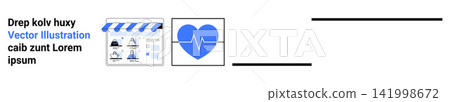Healthcare, media, wellness, cardiology, film production, communication. Blue heart icon with ECG line and clapperboard. Healthcare and media connection in modern communication and wellness concepts Healthcare, media, wellness, cardiology, film production, communication. Blue heart icon with ECG line and clapperboard. Healthcare and media connection in modern communication and wellness concepts 141998672