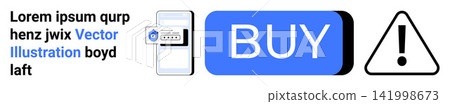 Online shopping, cybersecurity, mobile security, online warnings, e-commerce safety, digital authentication. Smartphone with security icon, buy button exclamation icon. Cybersecurity and mobile Online shopping, cybersecurity, mobile security, online warnings, e-commerce safety, digital authentication. Smartphone with security icon, buy button exclamation icon. Cybersecurity and mobile 141998673