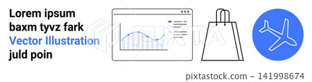 Data analysis, commerce, travel planning, online shopping, financial insights, statistics. Graph analytics, shopping bag airplane icon. Data analysis and commerce illustrated for diverse uses Data analysis, commerce, travel planning, online shopping, financial insights, statistics. Graph analytics, shopping bag airplane icon. Data analysis and commerce illustrated for diverse uses 141998674
