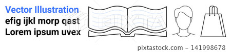 Education, e-commerce, personal identity, product design, learning, marketing . Line art showing an open book, human face and shopping bag. Education and e-commerce Education, e-commerce, personal identity, product design, learning, marketing . Line art showing an open book, human face and shopping bag. Education and e-commerce 141998678