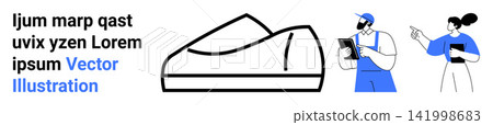 Product design, footwear manufacturing, business planning, concept evaluation, teamwork collaboration, industry innovation. Minimalist sneaker outline and two professionals holding devices. Product 141998683