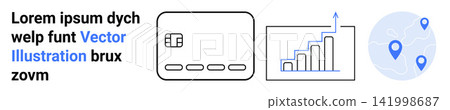 Digital payments, financial growth, data trends, online transactions, location tracking, logistical analysis. Credit card symbol, bar chart geolocation map pins. Digital payments and financial Digital payments, financial growth, data trends, online transactions, location tracking, logistical analysis. Credit card symbol, bar chart geolocation map pins. Digital payments and financial 141998687