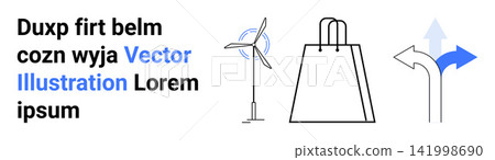 Renewable energy, sustainable shopping, decision-making, eco-friendly choices, navigation, consumer behavior. Wind turbine, shopping bag and directional arrows in a minimalist design. Renewable Renewable energy, sustainable shopping, decision-making, eco-friendly choices, navigation, consumer behavior. Wind turbine, shopping bag and directional arrows in a minimalist design. Renewable 141998690