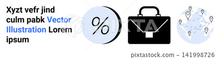 Financial planning, global networking, business analysis, investment strategy, corporate growth, commerce solutions. Black business bag, percentage icon and networked location markers. Financial Financial planning, global networking, business analysis, investment strategy, corporate growth, commerce solutions. Black business bag, percentage icon and networked location markers. Financial 141998726