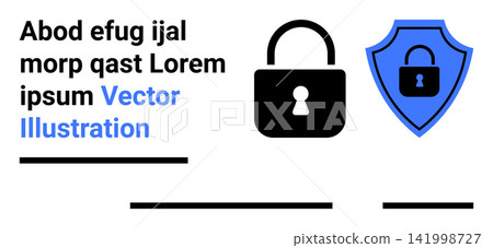 Data protection, online security, cybersecurity, digital privacy, secure access, authentication. Black padlock and shield with lock icon in blue. Cybersecurity and data protection visual Data protection, online security, cybersecurity, digital privacy, secure access, authentication. Black padlock and shield with lock icon in blue. Cybersecurity and data protection visual 141998727