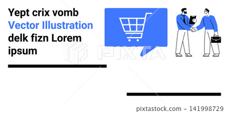 E-commerce, digital marketing, teamwork, online shopping, business communication, client relations. Shopping cart symbol in a speech bubble, two professionals shaking hands. E-commerce and digital E-commerce, digital marketing, teamwork, online shopping, business communication, client relations. Shopping cart symbol in a speech bubble, two professionals shaking hands. E-commerce and digital 141998729