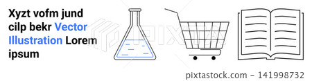 Education, e-commerce, research, science, knowledge, reading concepts. Lab flask, shopping cart book with text. Education and e-commerce ideas with minimal line style 141998732