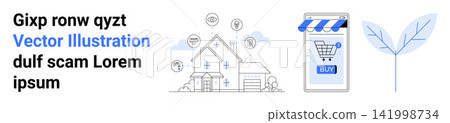 E-commerce, sustainability, digital networks, eco-friendly solutions, modern homes, online shopping. A house connected to technology icons, shopping cart with storefront plant graphic. E-commerce E-commerce, sustainability, digital networks, eco-friendly solutions, modern homes, online shopping. A house connected to technology icons, shopping cart with storefront plant graphic. E-commerce 141998734