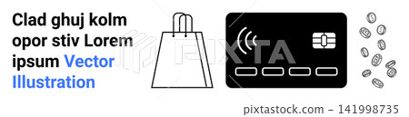 E-commerce, online shopping, digital payments, contactless technology, retail transactions, and financial security. Black credit card icon, shopping bag and coins. E-commerce and online shopping 141998735