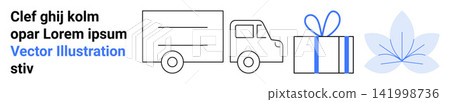 Shipping, gift services, e-commerce, celebration symbols, minimalism, holidays. A delivery truck alongside a gift box with a ribbon and a floral decorative element. Shipping and celebration Shipping, gift services, e-commerce, celebration symbols, minimalism, holidays. A delivery truck alongside a gift box with a ribbon and a floral decorative element. Shipping and celebration 141998736