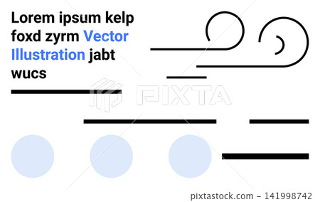 Graphic design, modern art, geometric layouts, abstract composition, minimal aesthetics, creative projects. Abstract arrangement of black lines, swirls blue circles and text elements. Ideal 141998742