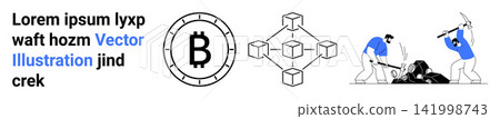 Cryptocurrency, blockchain technology, digital currency, financial transactions, decentralized systems, Bitcoin mining. Bitcoin logo, blockchain diagram and miners breaking rocks. Cryptocurrency Cryptocurrency, blockchain technology, digital currency, financial transactions, decentralized systems, Bitcoin mining. Bitcoin logo, blockchain diagram and miners breaking rocks. Cryptocurrency 141998743