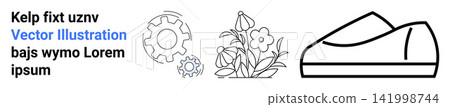 Design, fashion, nature, mechanics, engineering, patterns. Line art of a gear, flowers and shoe outline. Fashion and mechanics through clean minimal illustrations Design, fashion, nature, mechanics, engineering, patterns. Line art of a gear, flowers and shoe outline. Fashion and mechanics through clean minimal illustrations 141998744
