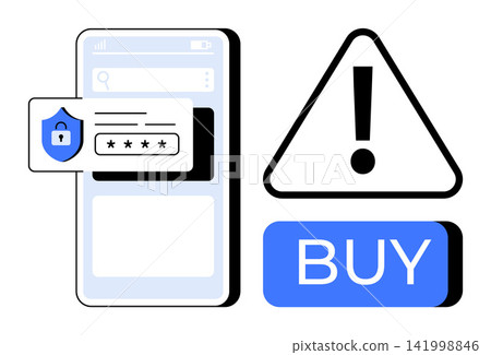 Cybersecurity, safe online shopping, digital payments, internet safety, online fraud prevention, password protection. Mobile phone with password prompt, warning sign and buy button. Cybersecurity Cybersecurity, safe online shopping, digital payments, internet safety, online fraud prevention, password protection. Mobile phone with password prompt, warning sign and buy button. Cybersecurity 141998846