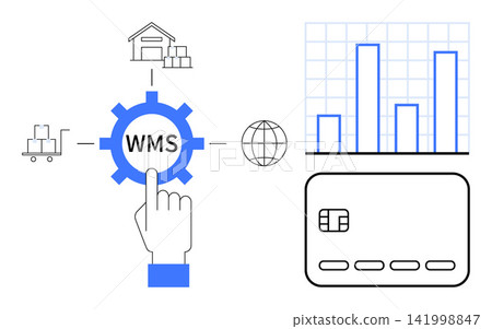 Supply chain, logistics, data analysis, financial systems, e-commerce integration, inventory software. Gear symbol with WMS, hand charts warehouse shopping cart and credit card. Supply chain Supply chain, logistics, data analysis, financial systems, e-commerce integration, inventory software. Gear symbol with WMS, hand charts warehouse shopping cart and credit card. Supply chain 141998847