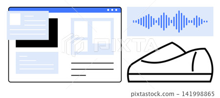 Digital technology, ecommerce, podcasts, smart devices, UI design, innovation. Web interface, sound waveform shoe graphic. Digital technology and ecommerce concept creatively 141998865