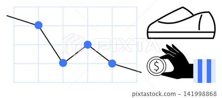 Market analysis, consumer behavior, financial trends, e-commerce, purchasing patterns, retail analysis. A declining graph, hand holding a coin and a minimalist shoe icon. Market analysis Market analysis, consumer behavior, financial trends, e-commerce, purchasing patterns, retail analysis. A declining graph, hand holding a coin and a minimalist shoe icon. Market analysis 141998868