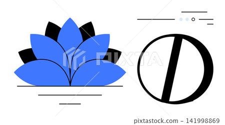 Wellness branding, mindfulness, spa logo, holistic health, modern design, abstract art. Blue lotus flower with black petals alongside a bold black circular symbol. Wellness and mindfulness Wellness branding, mindfulness, spa logo, holistic health, modern design, abstract art. Blue lotus flower with black petals alongside a bold black circular symbol. Wellness and mindfulness 141998869