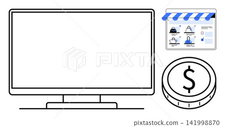 Online shopping, e-commerce, digital payments, retail, financial transactions, internet business. Blank computer monitor, storefront interface dollar coin icon. E-commerce and digital payments Online shopping, e-commerce, digital payments, retail, financial transactions, internet business. Blank computer monitor, storefront interface dollar coin icon. E-commerce and digital payments 141998870