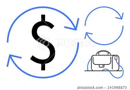 Financial planning, economy, money saving, budget management, business strategy, revenue growth. Dollar sign with circular arrows near a briefcase. Financial planning and economy concept Financial planning, economy, money saving, budget management, business strategy, revenue growth. Dollar sign with circular arrows near a briefcase. Financial planning and economy concept 141998873