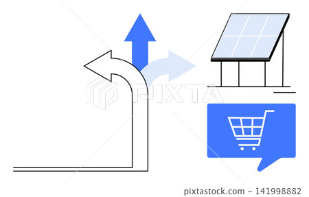 Sustainability, decision-making, e-commerce, renewable energy, environmental choices, online retail growth. Solar panel, shopping cart directional arrow. Sustainability and decision-making concepts Sustainability, decision-making, e-commerce, renewable energy, environmental choices, online retail growth. Solar panel, shopping cart directional arrow. Sustainability and decision-making concepts 141998882