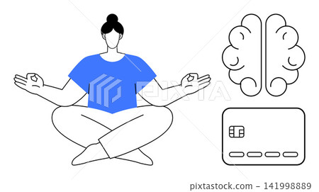 Mental health, financial planning, decision-making, focus, cognitive ability, mindfulness. A person meditating alongside brain and card symbols. Mental health and financial planning concept Mental health, financial planning, decision-making, focus, cognitive ability, mindfulness. A person meditating alongside brain and card symbols. Mental health and financial planning concept 141998889