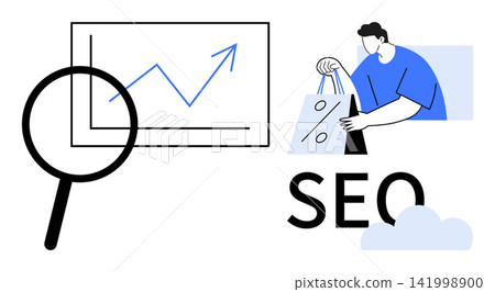 Digital marketing, SEO analysis, business growth, e-commerce, sales trends, data visualization. Graphic elements include magnifying glass, growth chart shopping bag and SEO text. SEO analysis Digital marketing, SEO analysis, business growth, e-commerce, sales trends, data visualization. Graphic elements include magnifying glass, growth chart shopping bag and SEO text. SEO analysis 141998900